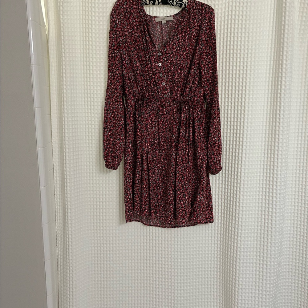 LOFT Red V-Neck Long Sleeve Sundress with Tie Front